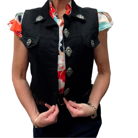 Watch LA Jackets & Blazers - Vintage Watch LA Black Denim Festival Western Biker Y2K Vest with Silver Accents